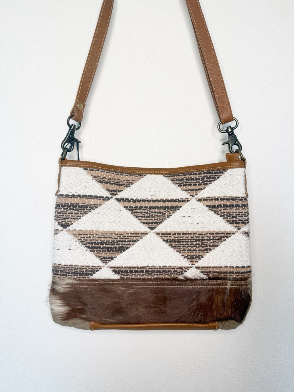 Women’s Geometric Cream and Brown Cowhide Crossbody Bag